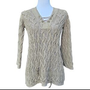 Tommy Bahama Linen Cotton Open Knit Vneck Sweater Boho Beach Top Size S Bead Tie